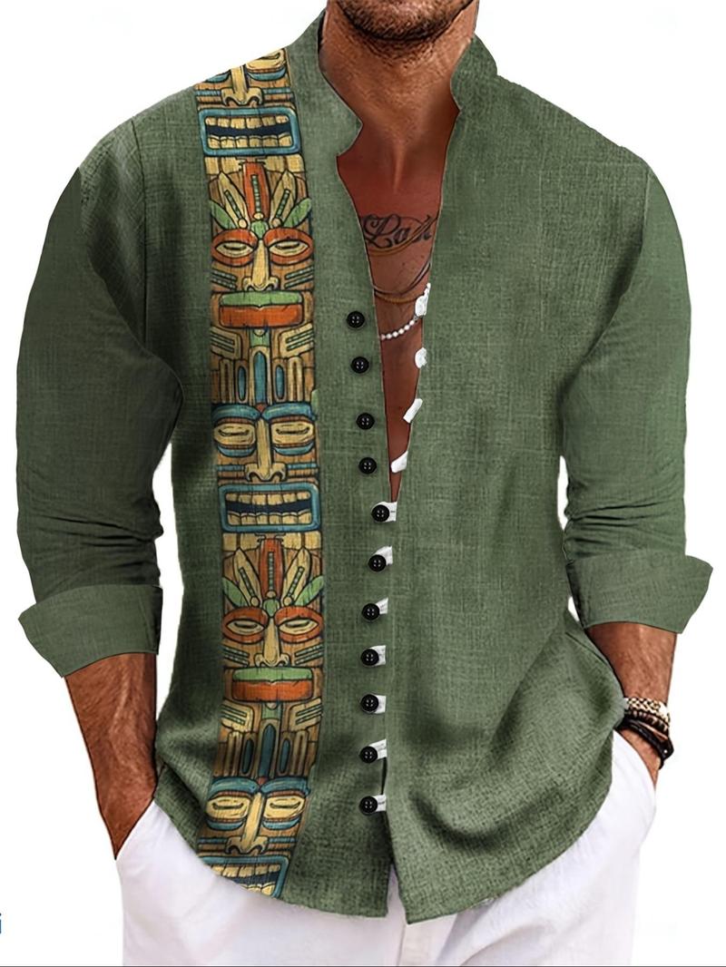 Product Introduction of Men's Tribal Print Button Closure Shirt, Regular Fit Casual Long Sleeve Top for Outdoor Activities, Fashion Men's Clothes for All Seasons, Traditional Clothing 1
