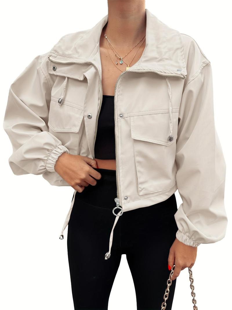 Product Introduction of Women's Solid Zip Up Crop Jacket, Casual Fashionable Pocket Lightweight Outerwear, Ladies Spring & Fall Clothes, Clothes for Women 5