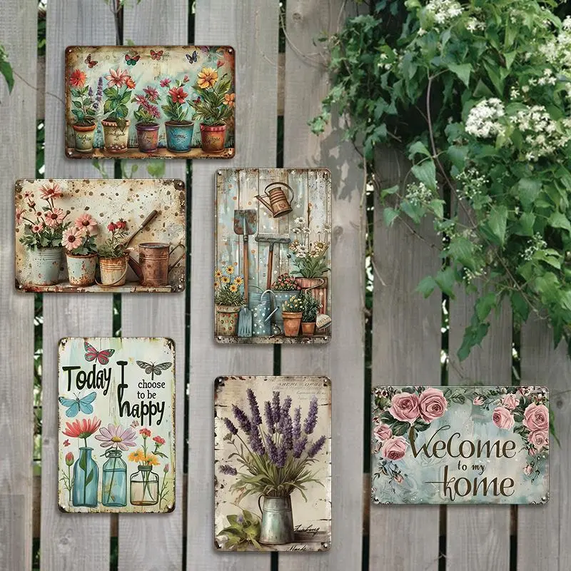 Vintage Gardening Tools & Potted Plants Pattern Metal Tin Sign, 6 Counts/set Retro Garden Plant Metal Poster Plaque, Home Decor for Garden & Yard & Patio & Bar