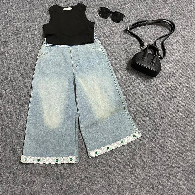  Quần jeans suông ống rộng chân phối ren bé gáii 