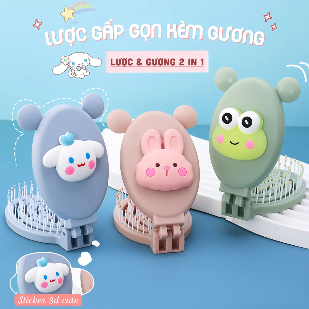 Gương kèm lược massage gấp gọn đính charm hình thú dễ thương - monster BEAUTY