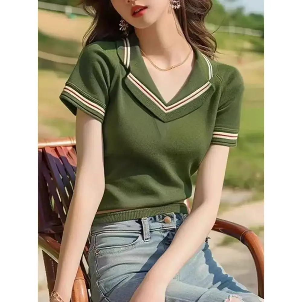 Áo Nữ Mùa Hè, Thời Trang, Thiết Kế Trẻ Trung, Cổ Áo bẻ xuống, Dệt Kim, ngắn Tay Áo, Phong Cách Và Bó Sát, Độc Đáo Thích Hợp Cho Năm 2022, Hàng Mới Về 2025