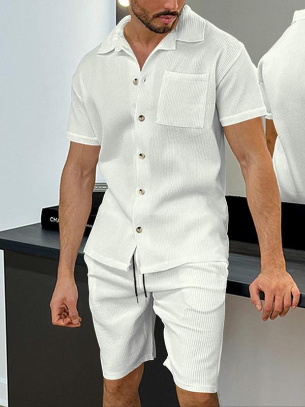 Men's Striped Print Button Front Shirt & Shorts Set, Loose Casual Short Sleeve Collared Top & Shorts, Men's Summer Outfits 1