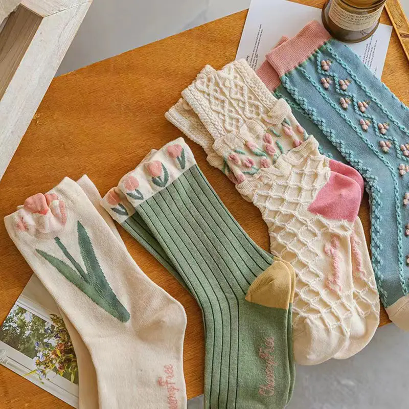 Tất Cotton Cho Nữ, Phong Cách Hàn Quốc Mới, Xu Hướng Hoa, Thường Ngày, Cho Bé Gái, Xếp Nếp, Dễ Thương, Ngọt Ngào, Thoáng Khí, Kawaii, Cho Phi Hành Đoàn Women