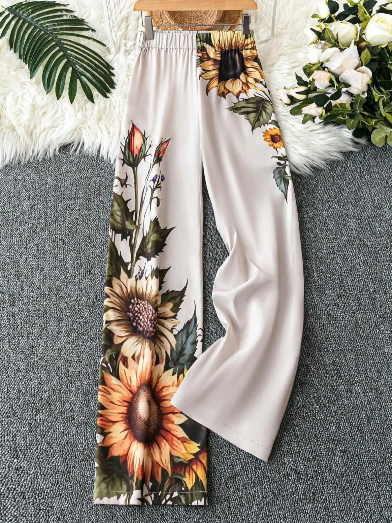 Women's Sunflower Print Wide Leg Pants, Casual Comfy Trousers for Spring & Fall, Women's Bottoms for Daily Wear