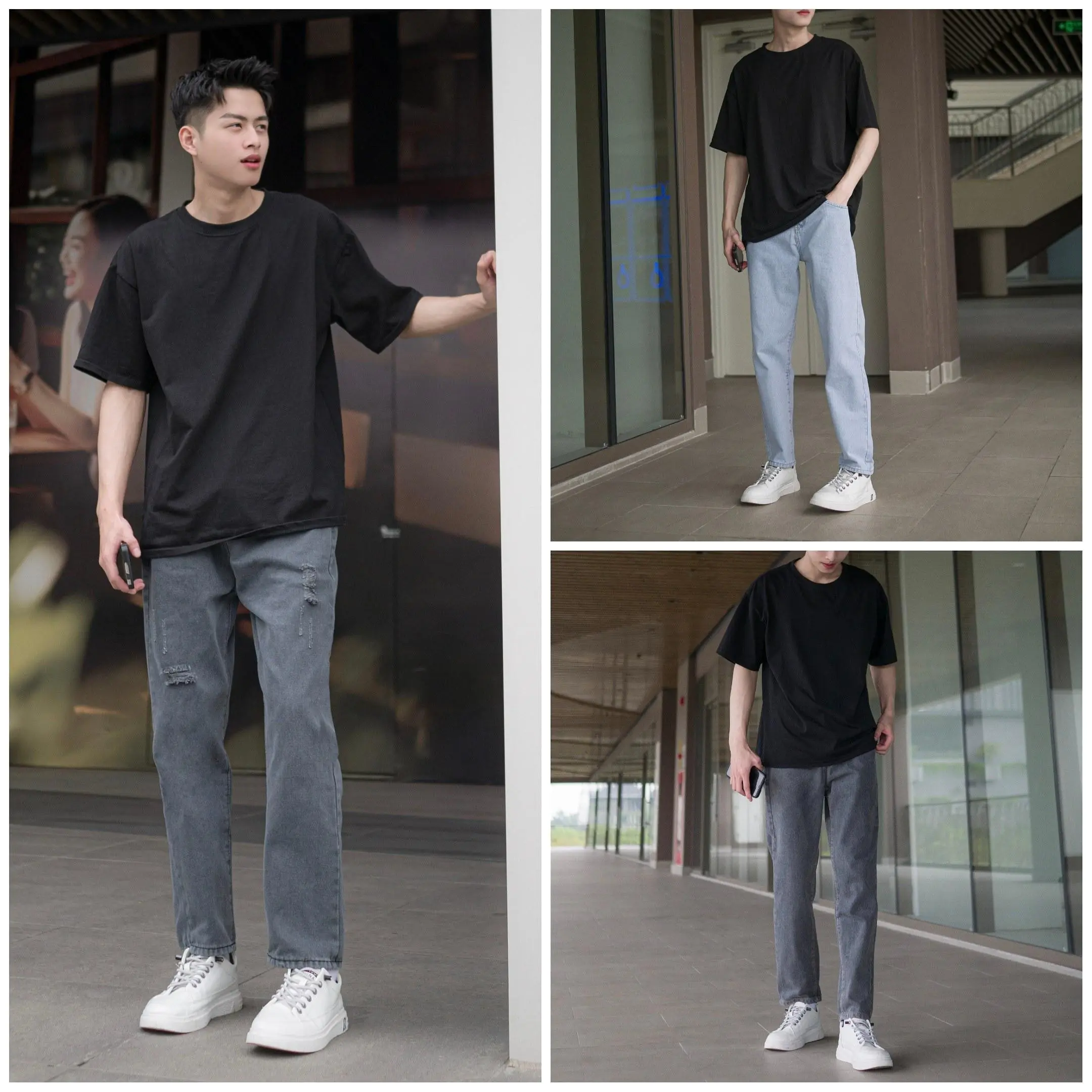 Quần jean baggy ống suông nam cao cấp màu xanh xám phom rộng hà nội hcm Menswear Pants Cotton Có Túi Denim Ong