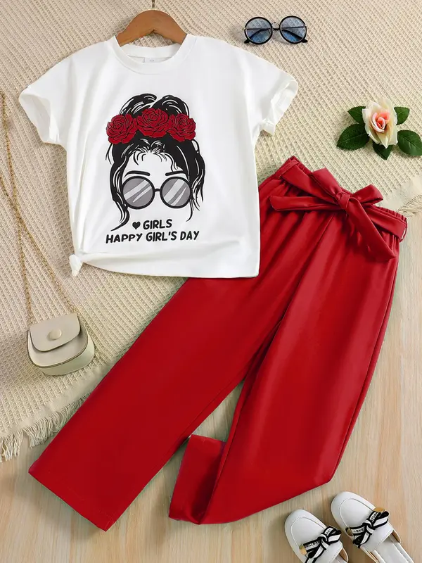 Two-piece Set Girl's Figure Letter Print Tee Top & Belted Straight Leg Pants Set, Round Neck Short Sleeve T-shirt & Elastic Waist Trousers for Daily Wear, Kid's Summer Clothes 4