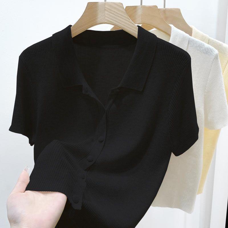 Đồ Len Dệt Kim, Ngắn Tay, Cổ Polo Mỏng, Thanh Lịch Và Mỏng Vừa Vặn, Dành Cho Phụ Nữ Vào Mùa Hè, Màu Trơn Nhỏ Dễ Phối Đồ Áo Cardigan Ngắn 5
