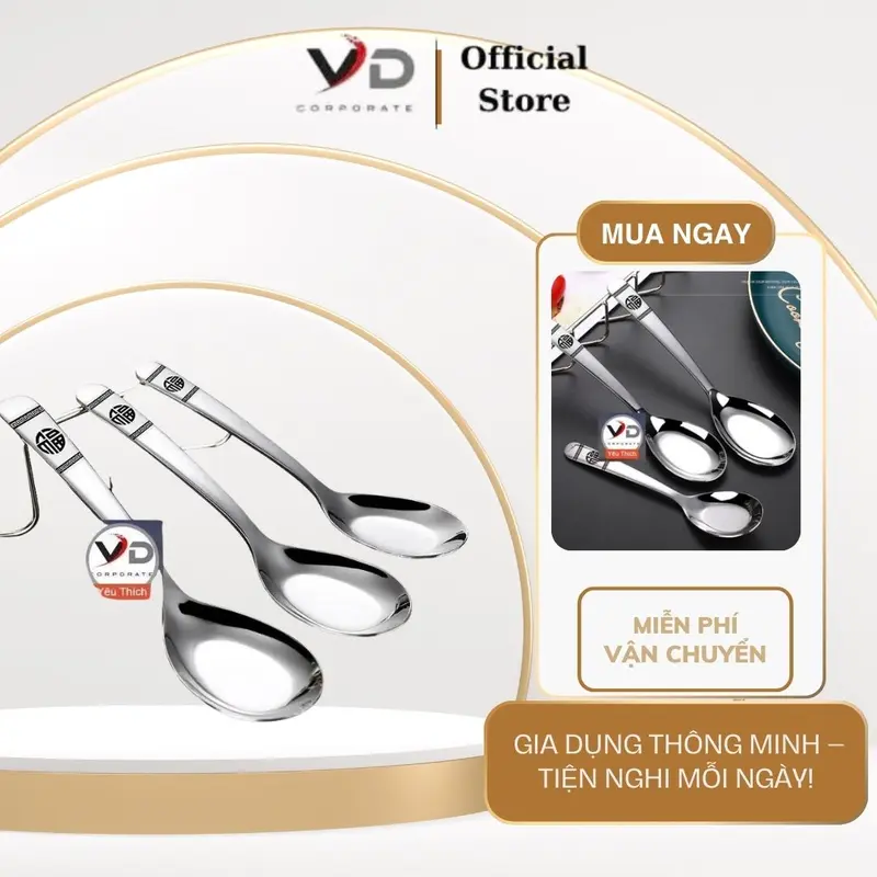 COMBO 3 Thìa chữ PHÚC 3 kích cỡ ăn cơm phở cháo inox thép cao cấp dày đẹp sáng bóng asian soup spoon 0