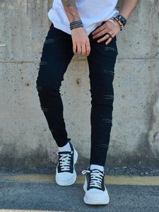 Men's Solid Color Ripped Jeans, Casual Comfy Denim Pants for Daily Wear, Fashion Men's Bottoms for All Seasons, Cotton