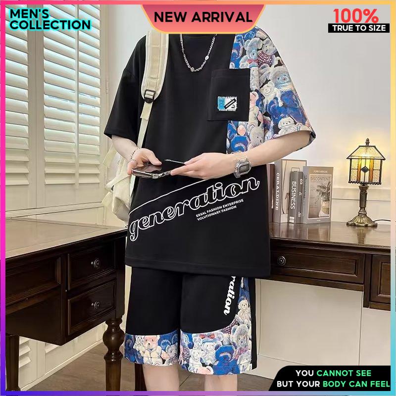  2 Pcs   1 Suit ChấT VảI Cotton MềM MịN Unisex Form RộNg ÁO Thun Cho Nam áO Thun TháI Form RộNg Bộ Đồ NgắN Tay ÁO MùA Hè Cho Nam In Cá TíNh MớI Phong CáCh Hong Kong SàNh ĐIệU Tay LửNg Trẻ Trung 