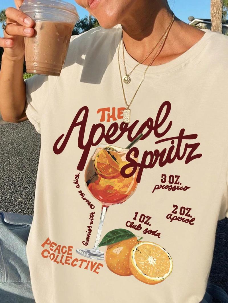 Product Introduction of Women's Letter & Orange Print Drop Shoulder Tee, Casual Half Sleeve Round Neck T-shirt for Daily Holiday Vacation Wear, Ladies Clothes for All Seasons, Clothes for Women 1