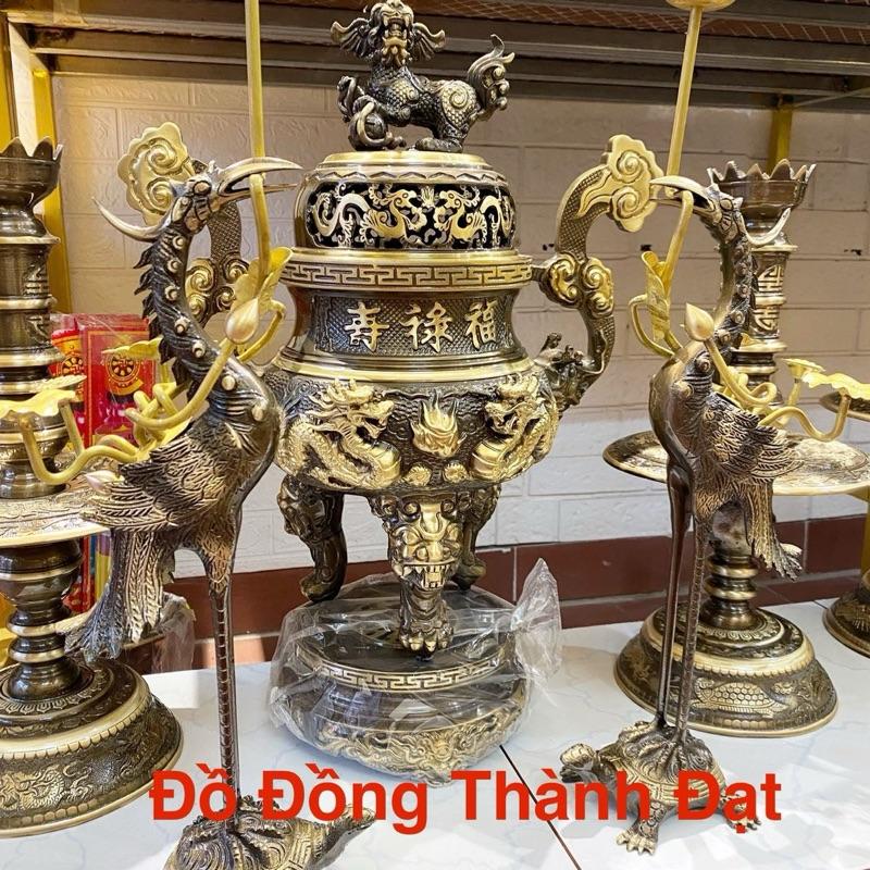 Bộ ngũ sự song long trầu nguyệt màu 2 công nghệ hun giả cổ đồ thờ cúng 45cm