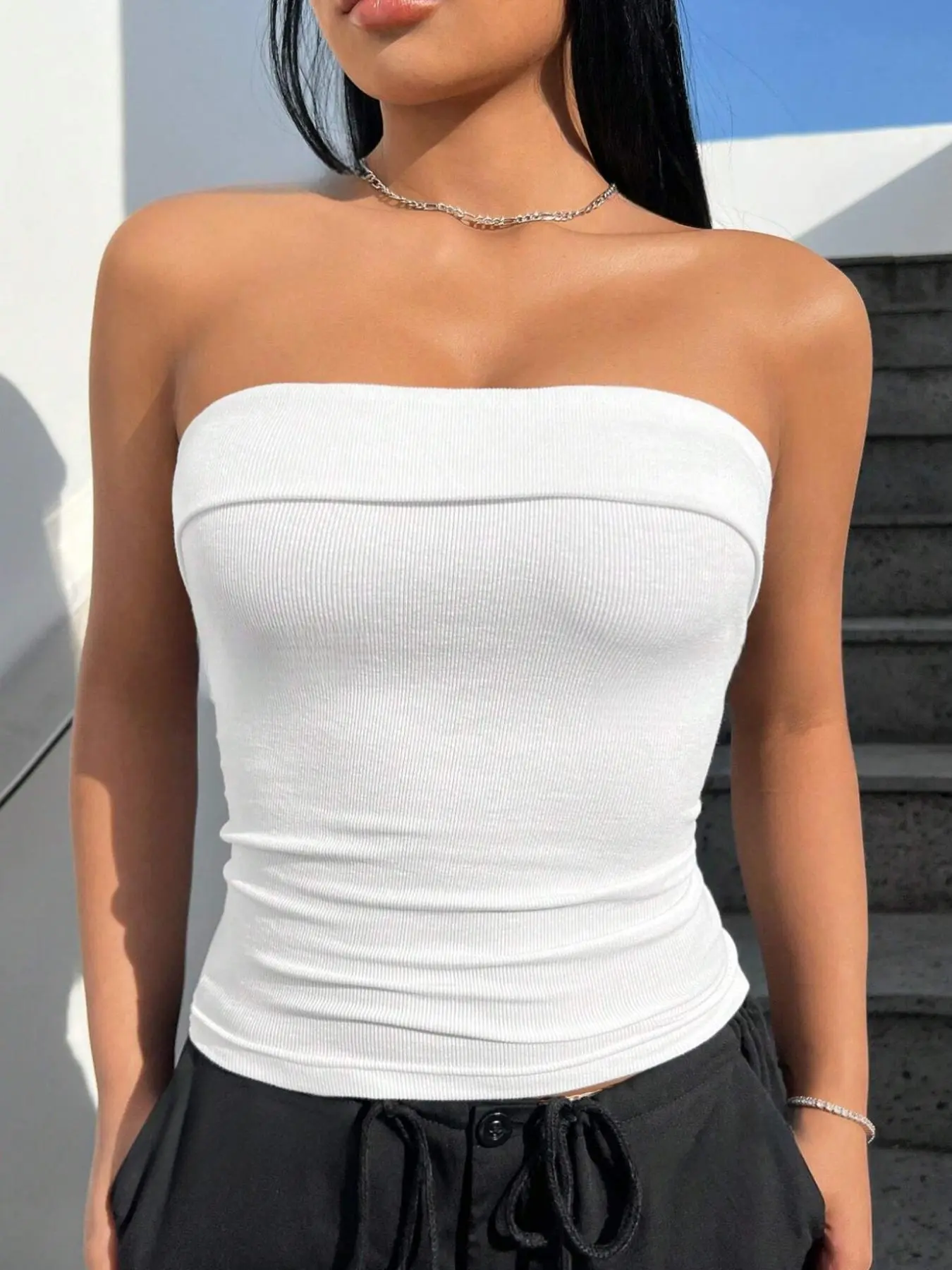 Women's Solid Backless Tube Top, Casual Strapless Ribbed Top, Ladies Summer Clothes for Daily Wear