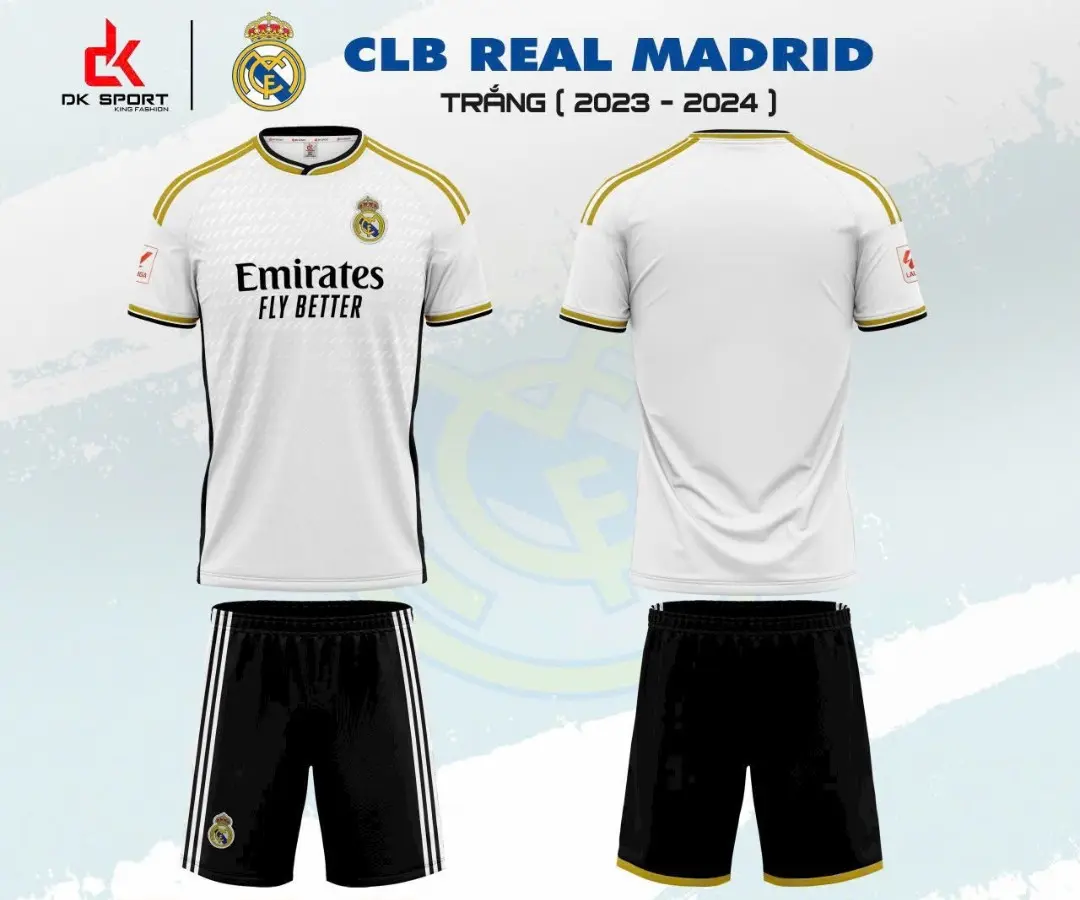 43.Real Madrid nhiều màu. Vải thun lạnh, logo thêu cả quần và áo (in TÊN + SỐ theo yêu cầu)