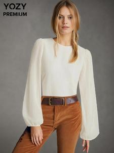 YOZY Women's Plain Textured Keyhole Neckline Blouse, Casual Bishop Sleeve Top for Daily Wear, Ladies Clothes for All Seasons