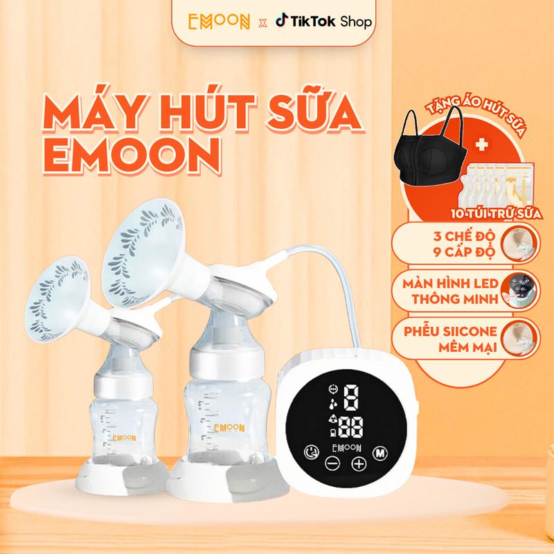 Máy Hút Sữa Điện Đôi EMOON, Tặng Kèm Áo Hút Sữa + Túi Trữ Sữa, Phễu Silicon Cao Cấp Giúp Hút Kiệt Nhẹ Nhàng, Hiệu Quả Massage Thư Giãn, Máy hutsua Không Dây, Rảnh Tay, Không Mùi (Có thể đổi quà tặng Phễu Hạ Size cho máy)