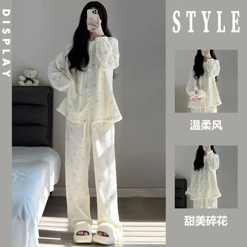 Bộ Đồ Ngủ Hoa, Phong Cách Ngọt Ngào Dành Cho Nữ, Hàng Mới Về Mùa Xuân Và Mùa Thu, Quần Dài Tay, Cổ Tròn, Phong Cách Nhật Bản Ins, Thích Hợp Cho Học Sinh, Bộ Đồ Mặc Nhà Có Thể Mặc Ngoài Trời Áo Top