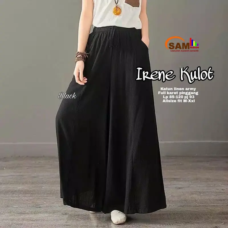 Celana Wanita Kulot Irene Katun Linen Rami Premium LP 85-120 Panjang Casual - Hitam - Motif celanakulot 2