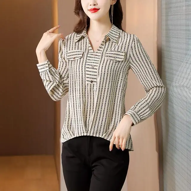 2024 Spring and Autumn New Long Sleeve Fashion Temperament Printed Letter Shirt Women's Commuter Hong Kong Style Loose Chiffon Shirt