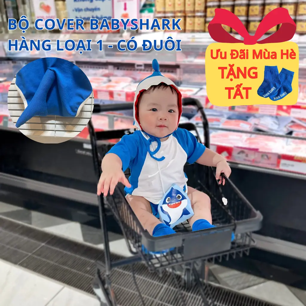Body Cá Mập Đi Biển Chất Cotton Gồm 4 Món Dành Cho Cho Bé Trai Bé Gái