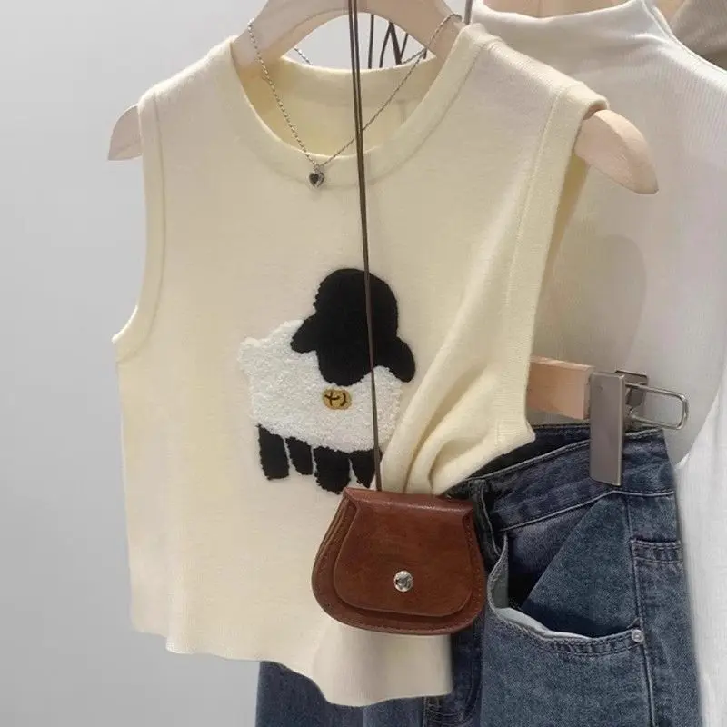 Áo Vest Dệt Kim, Dành Cho Nữ, Mặc Mùa Hè, Áo Phông Không Tay Áo Cropped Xén