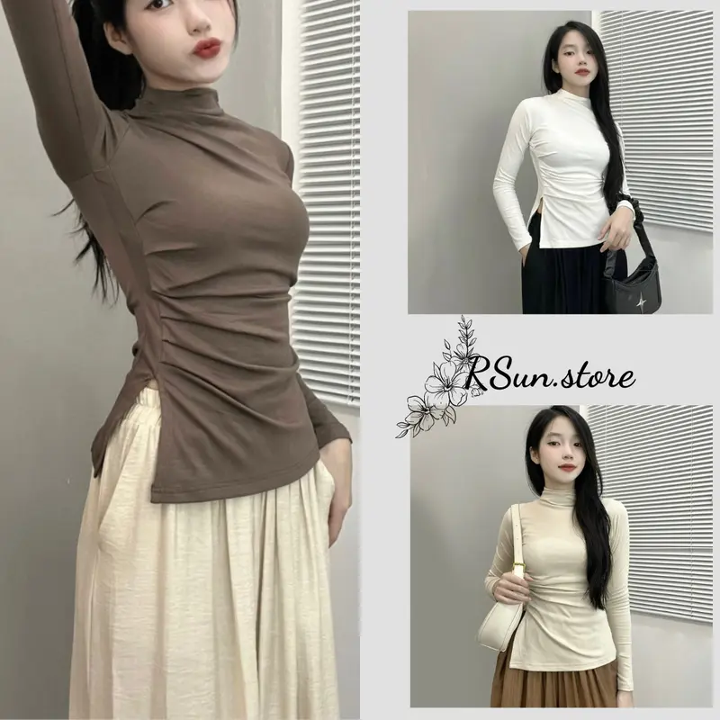 Áo giữ nhiệt cổ 3 phân nhúm sườn bigsize RSun, Áo cổ leo dài tay xẻ tà bigsize 222 Nữ Top 3