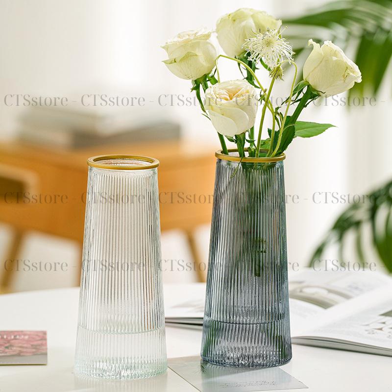 Lọ hoa thủy tinh vân sọc sang trọng CTSstore  - Cao 21.5cm | Miệng 7cm | Thủy tinh dày viền mạ vàng 8