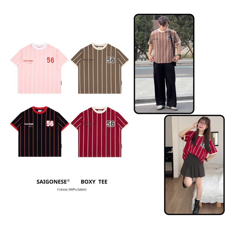 XẢ KHO Áo Thun Boxy Unisex Play Game Phối Sọc Dọc Form Rộng Nam Nữ Menswear Cổ Tròn