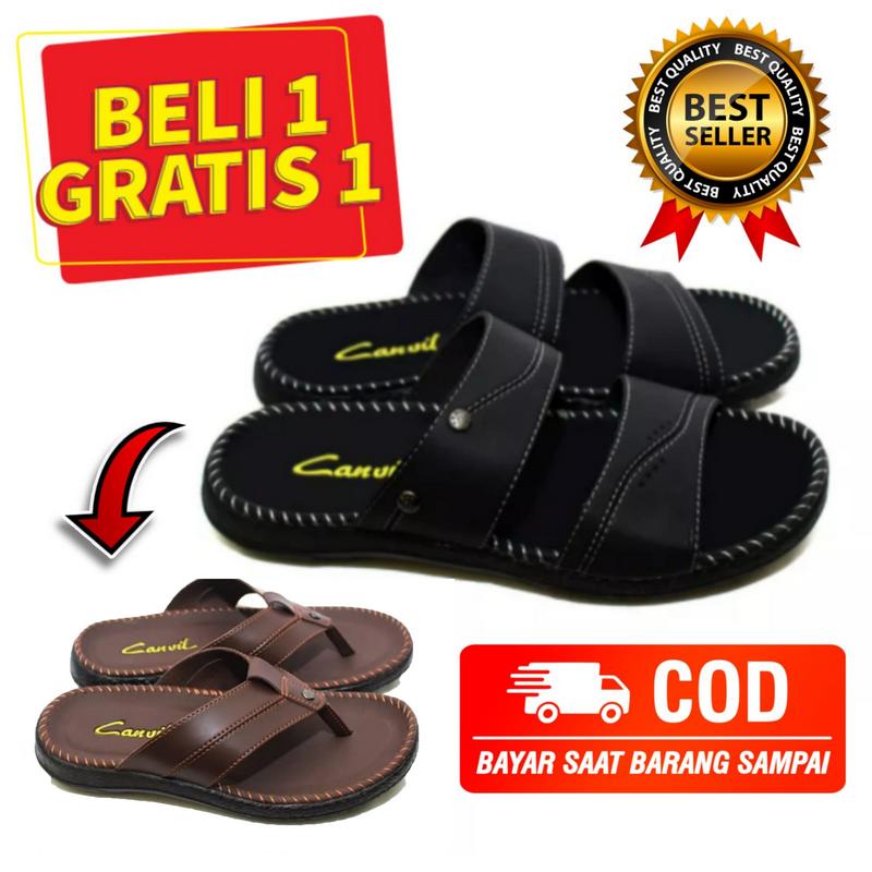 SANDAL PRIA COWOK CASUAL BELI 1 GRATIS 1  PROMO Sendal Slop Kulit Pria Japit Slop Selop Jepit 2
