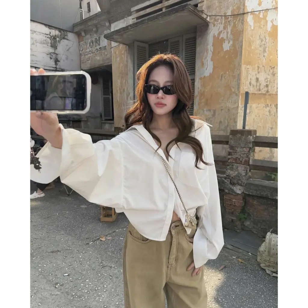 Áo Sơ Mi Nữ Dáng Rộng Kiểu Cánh Dơi, Thắt Eo Tay Phồng Chất Vải Thô Nến Phong Cách Hàn Quốc BLESSING | BigBuy360 - bigbuy360.vn