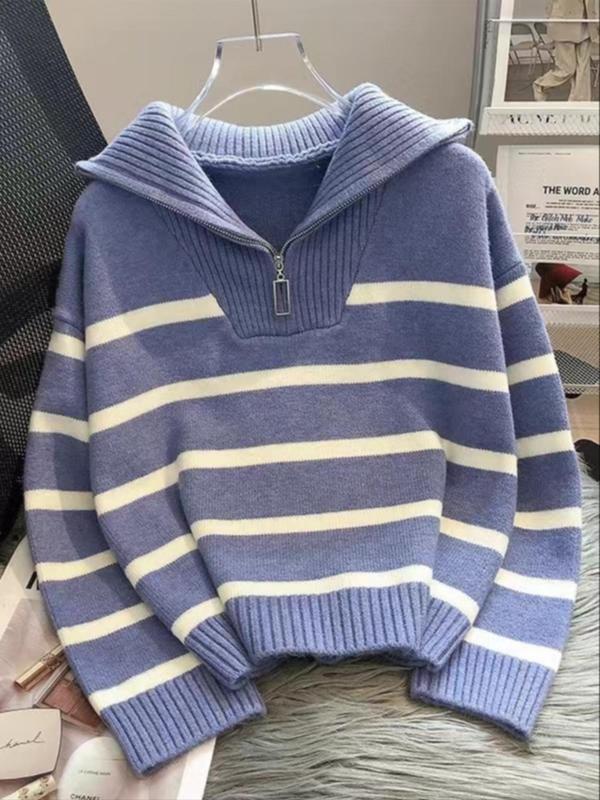 Women's Striped Print Zipper Drop Shoulder Sweater, Casual Pastel Long Sleeve Collared Mam Jumper Striped Sweater for Daily Wear, Women's Knitwear Top for Fall & Winter, Go Out Tops, Trending Clothing Women 4