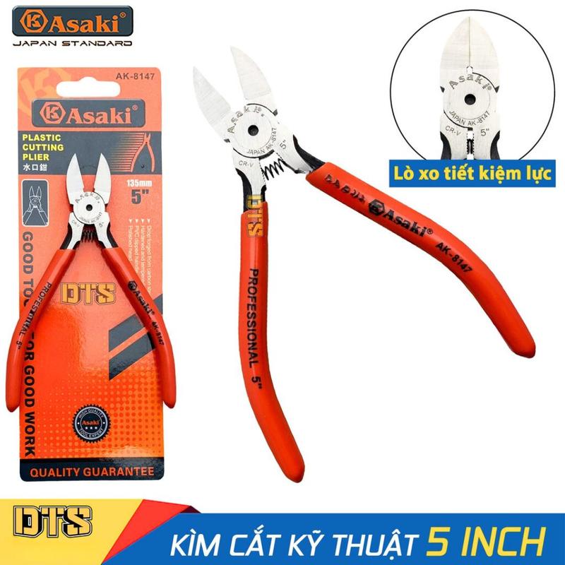 Kìm cắt kỹ thuật 5 inch Asaki JAPAN AK-8147 135mm, kềm cắt dây điện, kìm cắt nhựa bavia, lưỡi cắt nhọn vát mỏng, sắc bén
