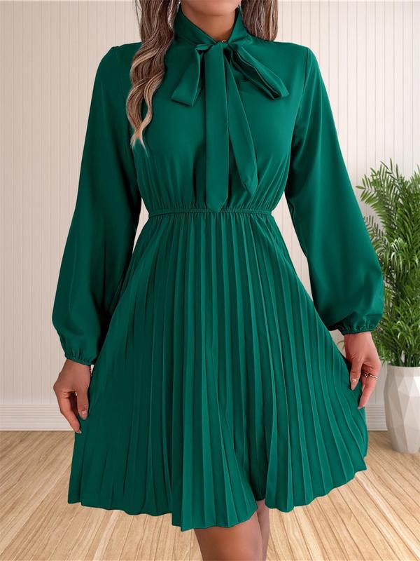 Women's Plain Knot Front Pleated A Line Long Sleeve  Dress, Elegant Bishop Sleeve Tie Neck Short Dress for Fall & Winter, Women's Clothing for Daily Wear 2