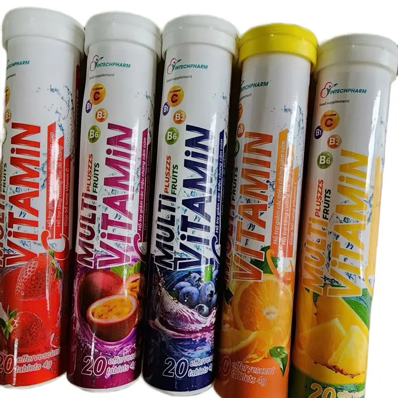 5 tuýp viên  sủi 5 vị cam, chanh leo, việt quất,dau , dua .Giúp bổ sung các vitamin cho cơ thể khỏe mạnh hơn, tăng sức đề kháng và giải nhiệt mùa hè