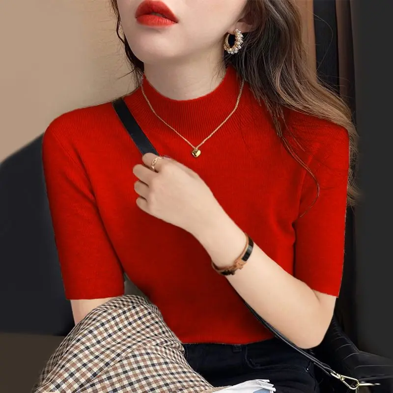 Áo Dệt Kim Cho Nữ, Cổ Cao, Mỏng Vừa Vặn, Áo Sơ Mi Thường Ngày Áo Cánh ngắn Tay Nữ, Phong Cách Hàn Quốc, Dáng Ôm, Áo Phông, M99, Hàng Mới Về 1
