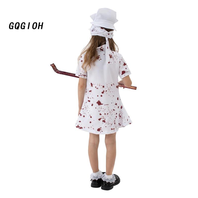 Bloody Nurse Costume for Girls Creepy Short Sleeve Dress Hat Set 1