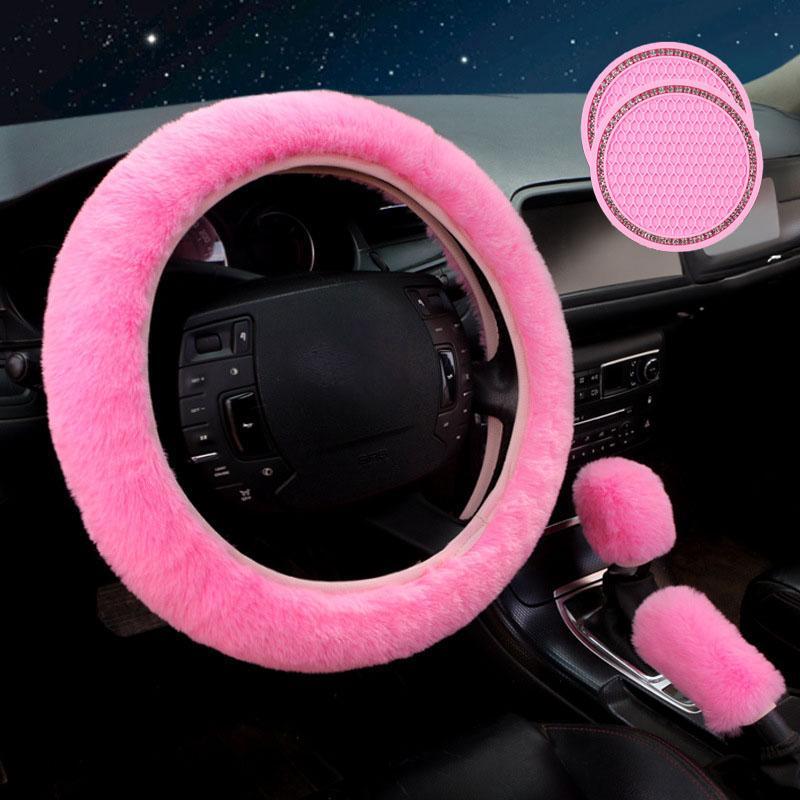 Car Steering Wheel Cover & Gear Shift Protector & Cup Holder Coaster, 5 Counts/set Plush Car Steering Wheel Protector, Universal Car Interior Accessories 2