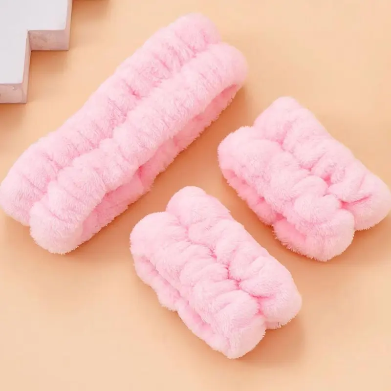 Soft Face Washing Hair Band for Women, 1 Count Face Wash Headband & 2 Counts Wristband, Flannel Coral Fleece Makeup Headband & Wristbands Set 6