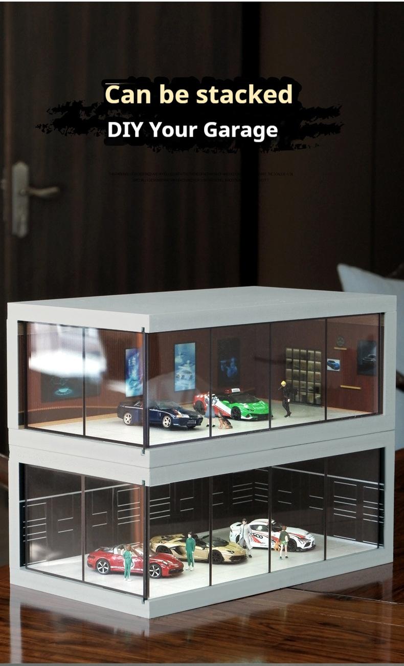 Product Introduction of Alloy die-cast car parking lot model, suitable for 1:64 scale car models, simulated garage scene, highly transparent dust-proof box, with lights, assembly model, for storing car models, for decoration and collection, a gift for boys 7