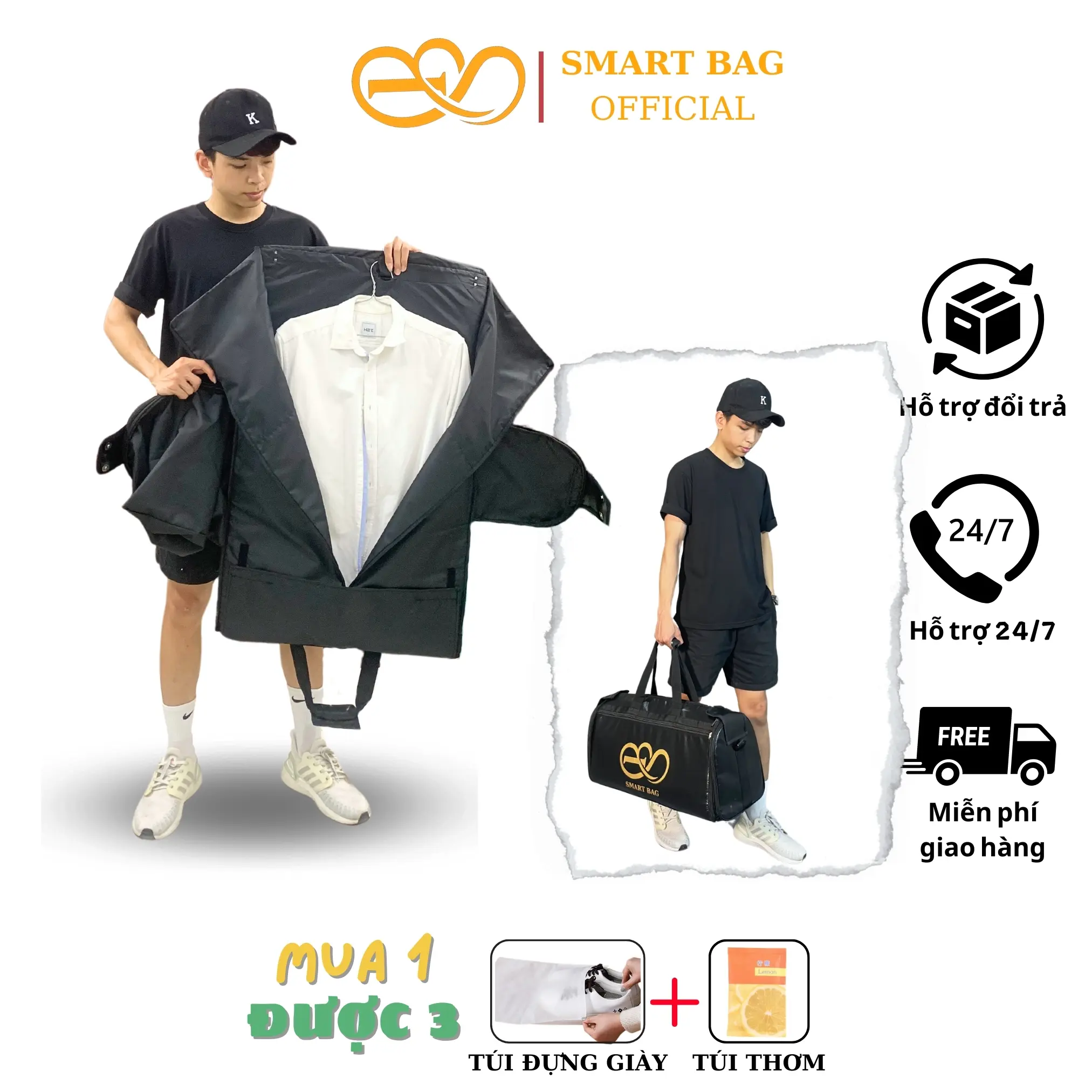 Túi xách thông minh mở rộng chống nhăn quần áo, túi du lịch thời trang, túi trống đa năng , túi vest bằng da màu đen Smartbag
