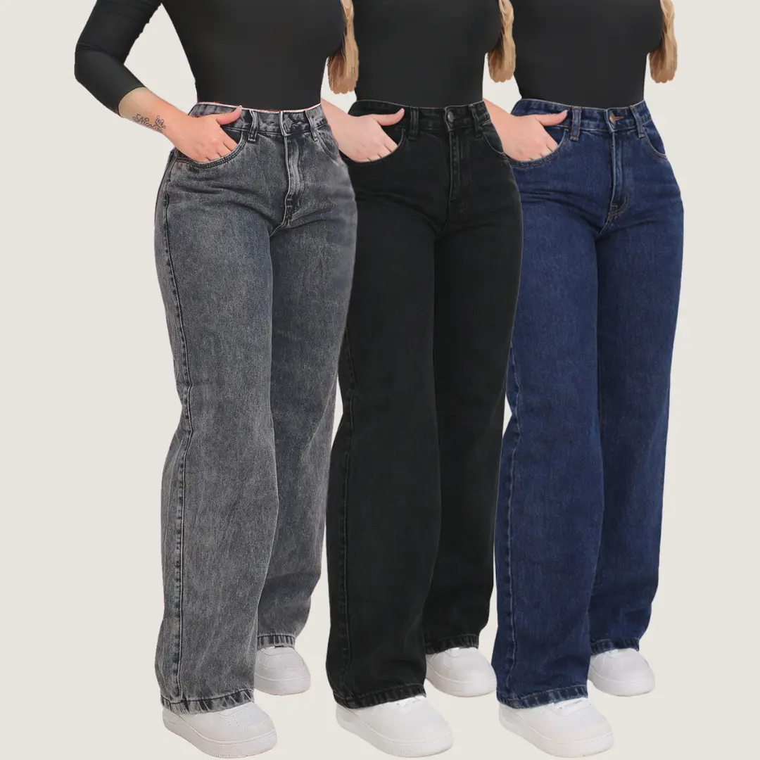 Kit 3 Calça Jeans Wide Leg Pantalona Cintura Alta Jeans
