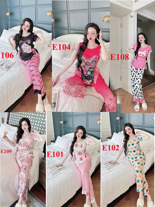 40-70g Đồ bộ pijama nữ lụa mặc nhà bộ ngủ lụa latin quần dài áo tay ngắn cổ tròn thắt nơ eo Xuân Tết 2025