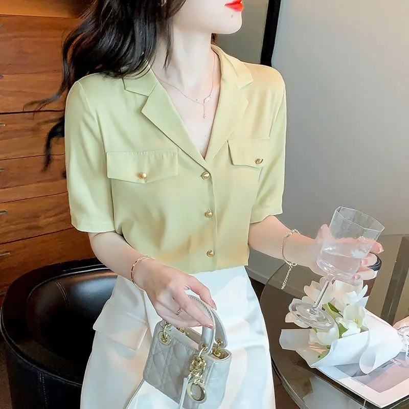 Professional Chiffon Shirt Summer New French Short-sleeved Shirt Design Niche Yellow Casual Top for Women