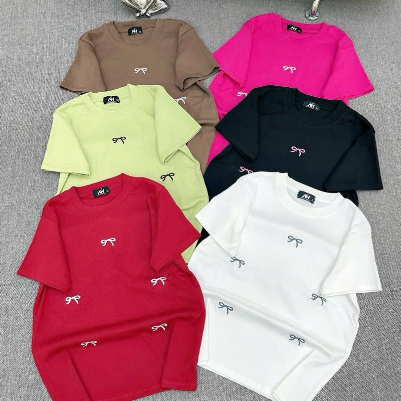 [ Nơ Thêu] Áo Thun Nữ From ôm Thêu Nơ Xinh ,Cổ tròn tay ngắn .Vải Bo Zip Có Giản 4 Chiều