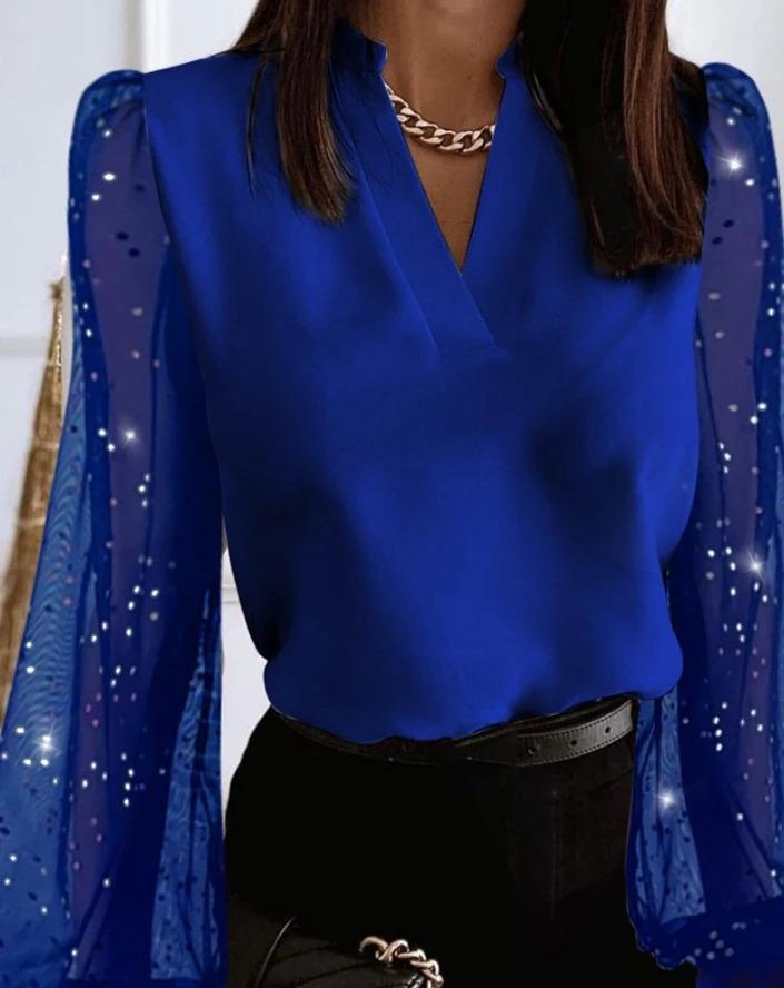 Product Introduction of Women's Blouse Tops Elegant Daily Solid Color V-Neck Rhinestone Decoration Sheer Mesh Splicing Lantern Long Sleeve Shirt Top 4