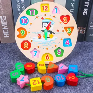 GF Penguin Beaded Clock mainan edukasi jam Penguin dan meronce/ jam kayu / jam geometri/ puzzle bentuk/ mainan kayu