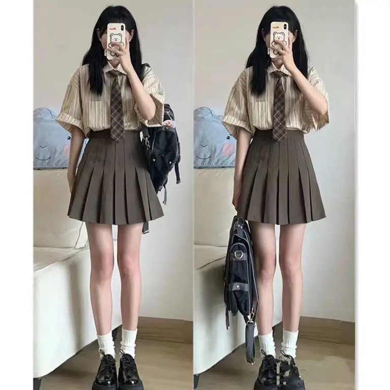 2025 College Style JK Uniform Set Skirt Korean Loose Striped Short Sleeve Shirt Top Pleated Skirt Women Two-Piece Set