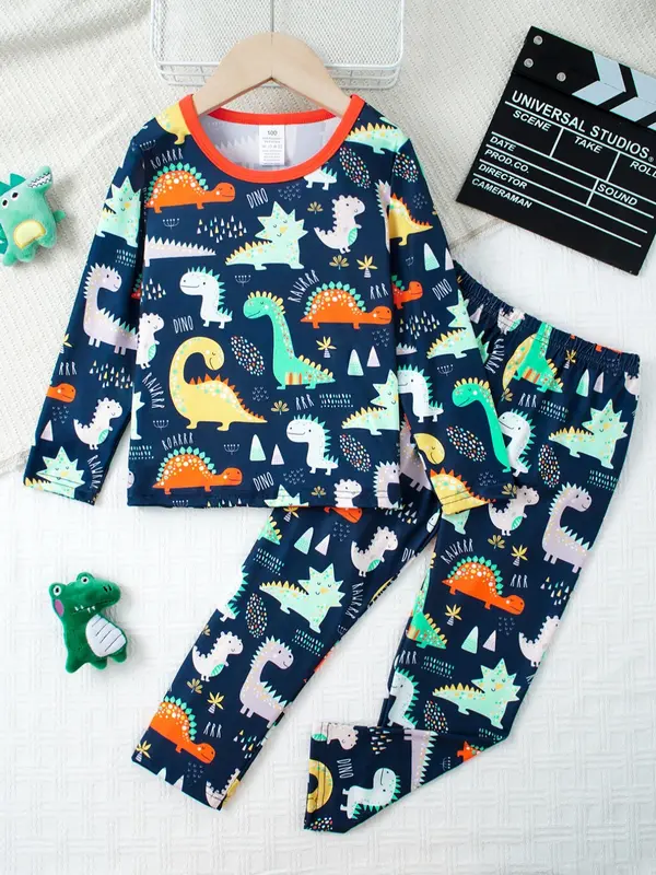 Boy's Glow in The Dark Dinosaur Print Tee & Elastic Waist  Pants Set, Cute Long Sleeve Top  & Trousers, Casual Spring & Fall Clothes for Kids Outdoor Holiday 2