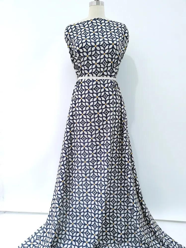 Product Introduction of 1 meter X 1.4 meter Navy White Retro Viscose Fabric Soft Sewing Material Rayon 24